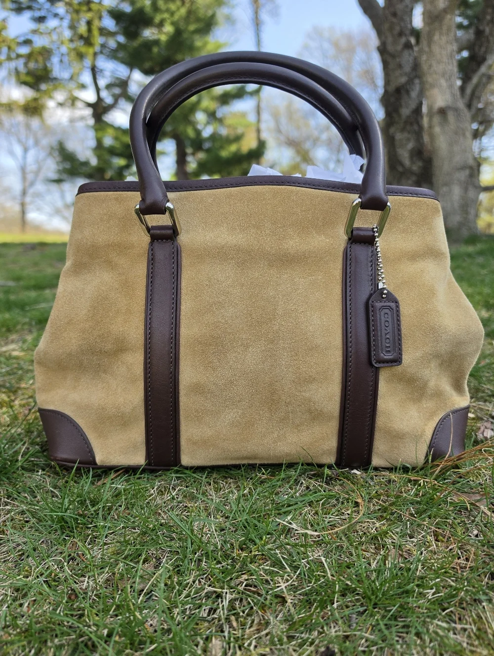 Coach Hampton Beige Tan Suade & Brown Leather Medium Carryall Tote Bag Satchel